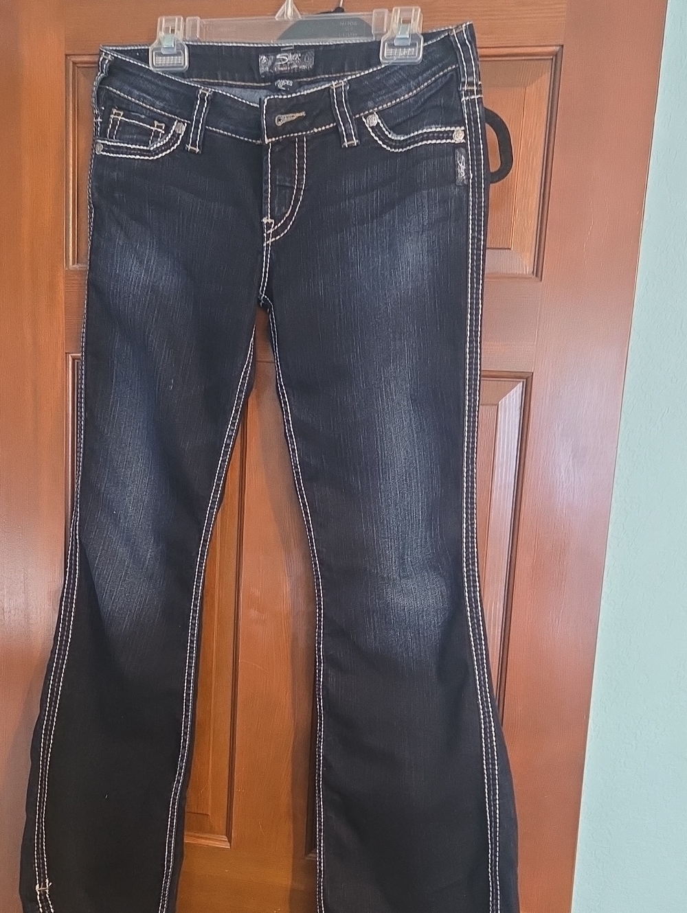 Silver Jeans Dark Wash Flare Jeans with White Contrast Stitching